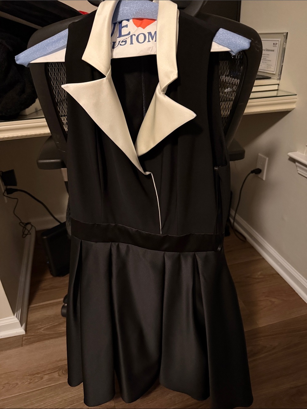 Black Sleeveless Tuxedo Dress with White Notched Collar